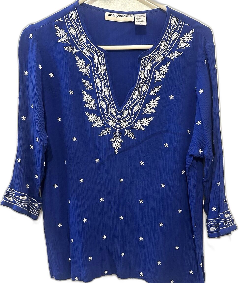 Cathy Daniels Blue Embroidered Boho Tunic Top Women’s Large Rayon